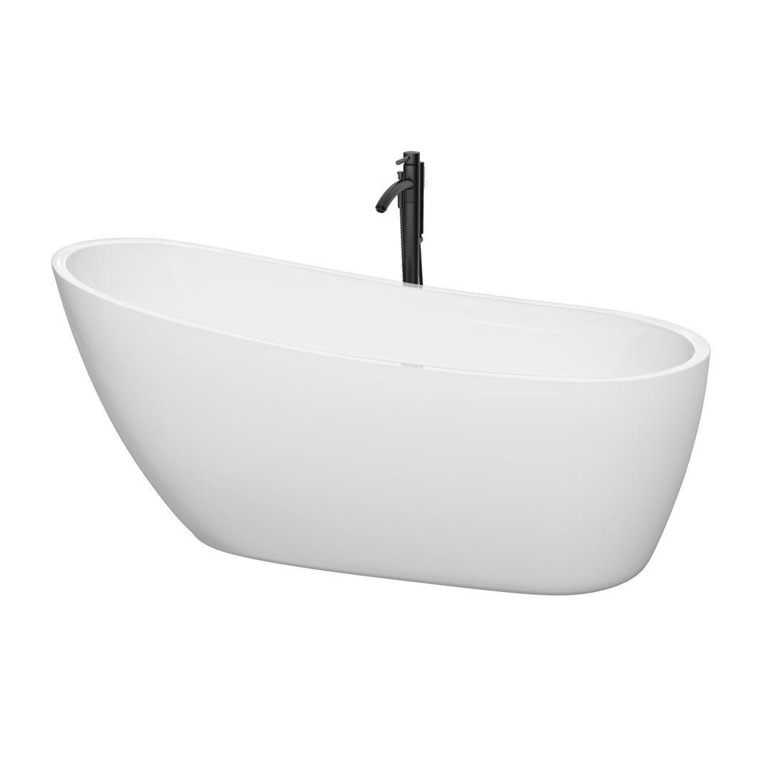 Wyndham Florence 68 Inch Freestanding Bathtub in White with Shiny White Trim and Floor Mounted Faucet in Matte Black- Wyndham