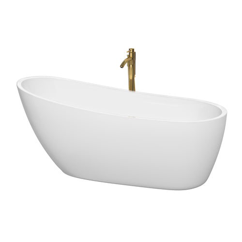 Wyndham Florence 68 Inch Freestanding Bathtub in White with Shiny White Trim and Floor Mounted Faucet in Brushed Gold- Wyndham