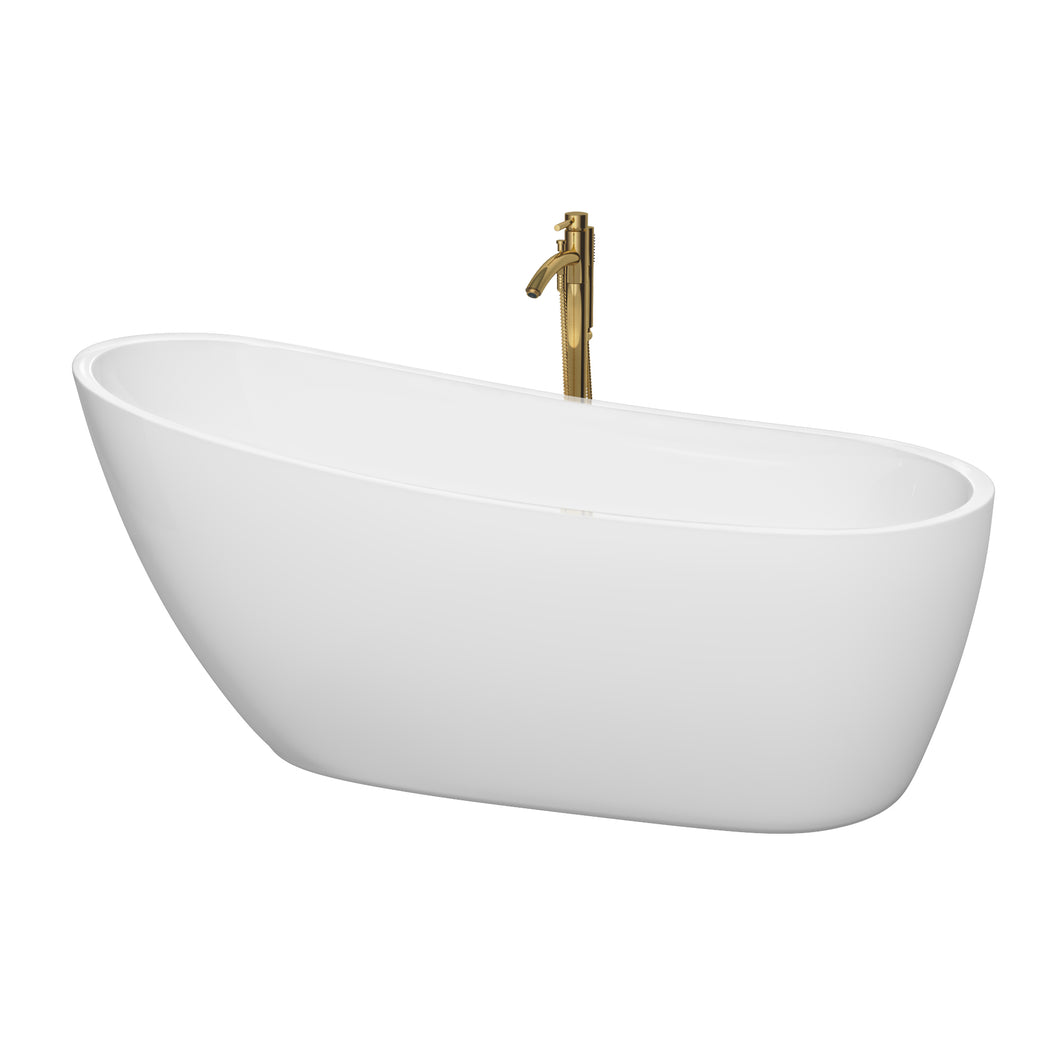 Wyndham Florence 68 Inch Freestanding Bathtub in White with Shiny White Trim and Floor Mounted Faucet in Brushed Gold- Wyndham