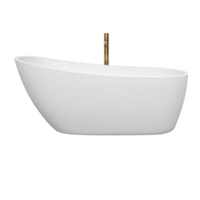 Load image into Gallery viewer, Wyndham Florence 68 Inch Freestanding Bathtub in White with Shiny White Trim and Floor Mounted Faucet in Brushed Gold- Wyndham