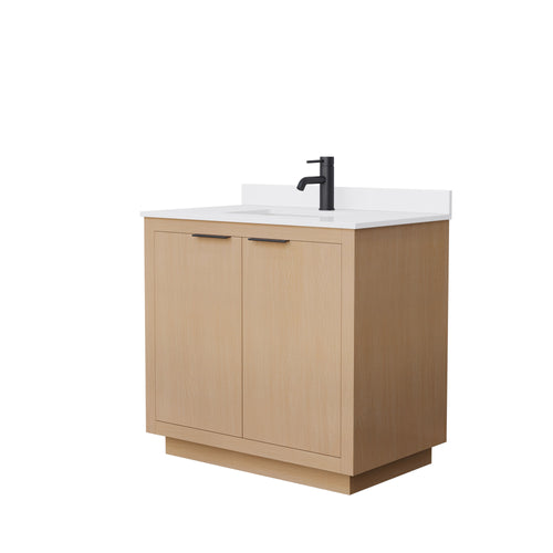 Wyndham Maroni 36 Inch Single Bathroom Vanity in Light Straw, White Cultured Marble Countertop, Undermount Square Sink, Matte Black Trim- Wyndham