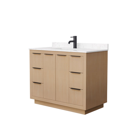 Wyndham Maroni 42 Inch Single Bathroom Vanity in Light Straw, Light-Vein Carrara Cultured Marble Countertop, Undermount Square Sink, Matte Black Trim- Wyndham