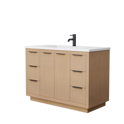 Wyndham Maroni 48 Inch Single Bathroom Vanity in Light Straw, 1.25 Inch Thick Matte White Solid Surface Countertop, Integrated Sink, Matte Black Trim- Wyndham
