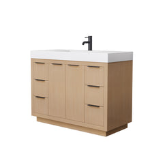 Load image into Gallery viewer, Wyndham Maroni 48 Inch Single Bathroom Vanity in Light Straw, 4 Inch Thick Matte White Solid Surface Countertop, Integrated Sink, Matte Black Trim- Wyndham