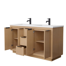 Load image into Gallery viewer, Wyndham Maroni 60 Inch Double Bathroom Vanity in Light Straw, 1.25 Inch Thick Matte White Solid Surface Countertop, Integrated Sinks, Matte Black Trim- Wyndham