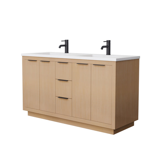 Wyndham Maroni 60 Inch Double Bathroom Vanity in Light Straw, 1.25 Inch Thick Matte White Solid Surface Countertop, Integrated Sinks, Matte Black Trim- Wyndham
