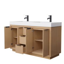 Load image into Gallery viewer, Wyndham Maroni 60 Inch Double Bathroom Vanity in Light Straw, 4 Inch Thick Matte White Solid Surface Countertop, Integrated Sinks, Matte Black Trim- Wyndham