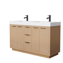 Load image into Gallery viewer, Wyndham Maroni 60 Inch Double Bathroom Vanity in Light Straw, 4 Inch Thick Matte White Solid Surface Countertop, Integrated Sinks, Matte Black Trim- Wyndham
