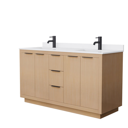 Wyndham Maroni 60 Inch Double Bathroom Vanity in Light Straw, White Cultured Marble Countertop, Undermount Square Sinks, Matte Black Trim- Wyndham