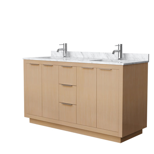 Wyndham Maroni 60 Inch Double Bathroom Vanity in Light Straw, White Carrara Marble Countertop, Undermount Square Sinks- Wyndham