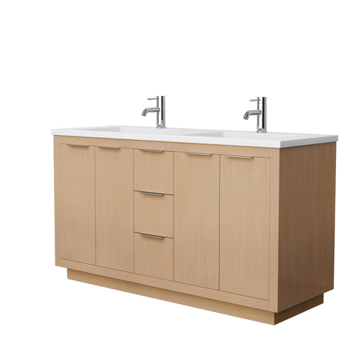 Wyndham Maroni 60 Inch Double Bathroom Vanity in Light Straw, 1.25 Inch Thick Matte White Solid Surface Countertop, Integrated Sinks- Wyndham