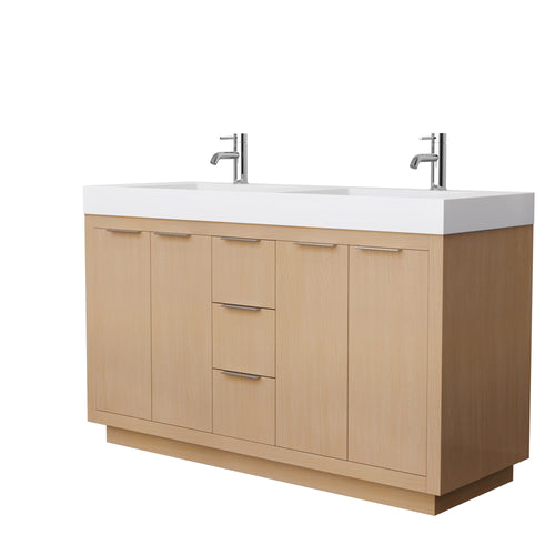 Wyndham Maroni 60 Inch Double Bathroom Vanity in Light Straw, 4 Inch Thick Matte White Solid Surface Countertop, Integrated Sinks- Wyndham