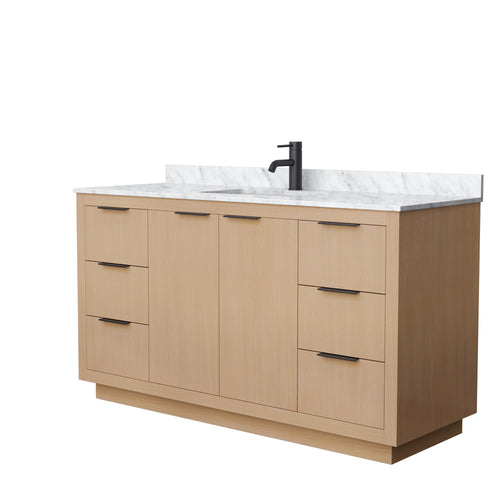 Wyndham Maroni 60 Inch Single Bathroom Vanity in Light Straw, White Carrara Marble Countertop, Undermount Square Sink, Matte Black Trim- Wyndham
