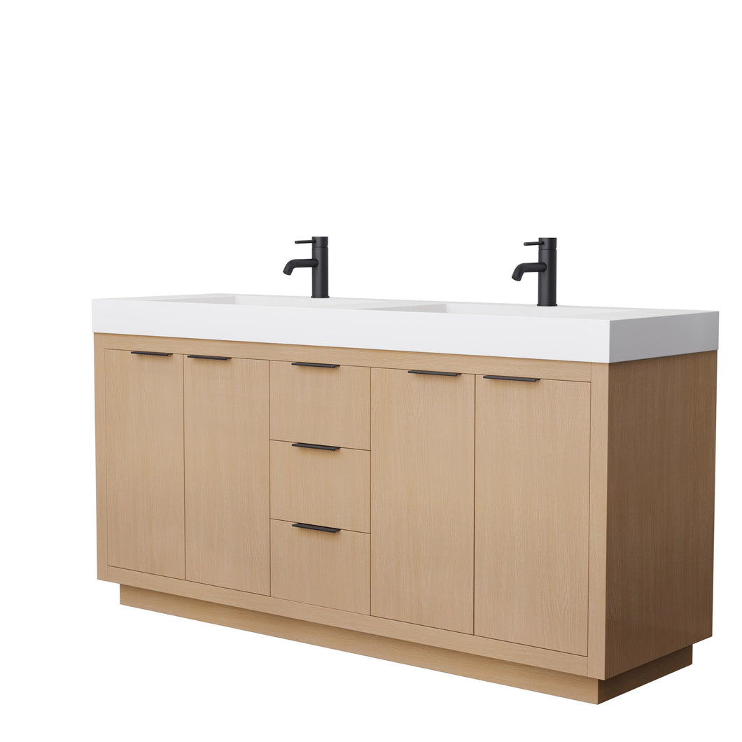 Wyndham Maroni 72 Inch Double Bathroom Vanity in Light Straw, 4 Inch Thick Matte White Solid Surface Countertop, Integrated Sinks, Matte Black Trim- Wyndham