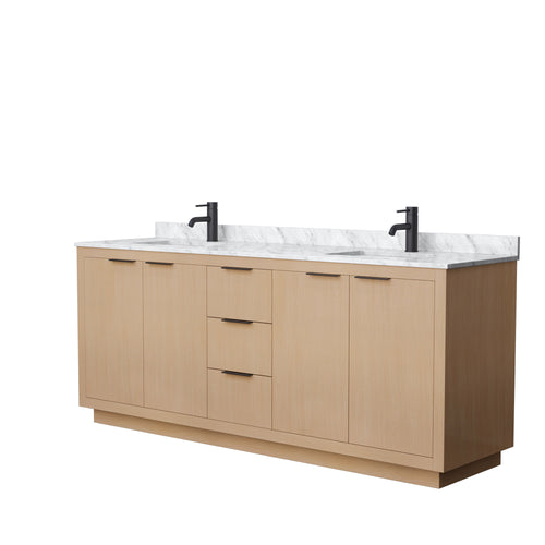Wyndham Maroni 80 Inch Double Bathroom Vanity in Light Straw, White Carrara Marble Countertop, Undermount Square Sinks, Matte Black Trim- Wyndham