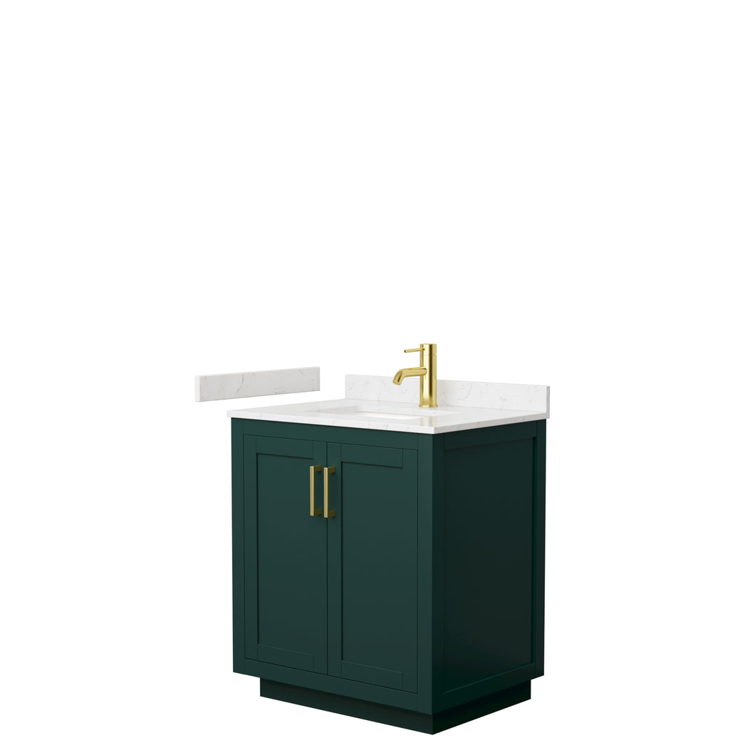 Wyndham Miranda 30 Inch Single Bathroom Vanity in Green, Light-Vein Carrara Cultured Marble Countertop, Undermount Square Sink, Brushed Gold Trim- Wyndham