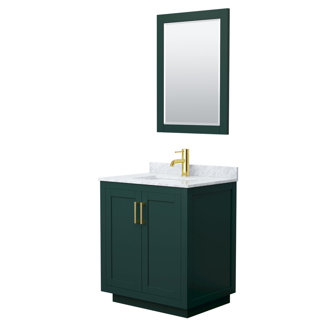 Wyndham Miranda 30 Inch Single Bathroom Vanity in Green, White Carrara Marble Countertop, Undermount Square Sink, Brushed Gold Trim, 24 Inch Mirror- Wyndham