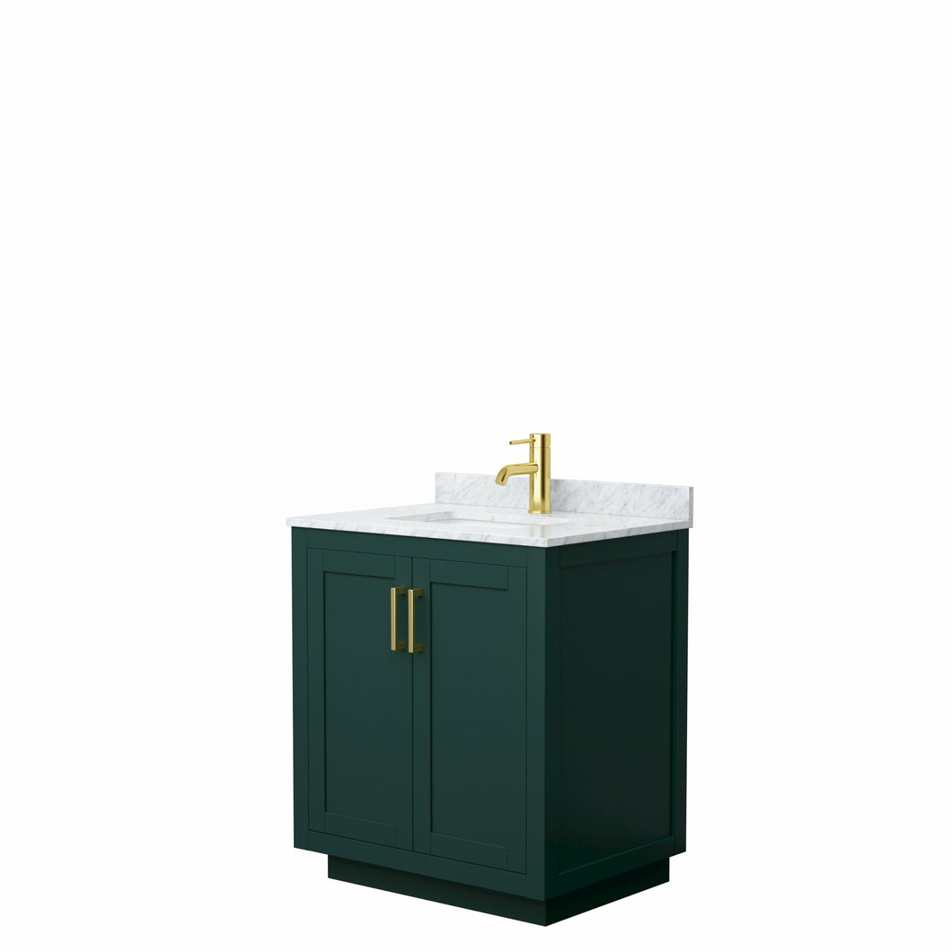 Wyndham Miranda 30 Inch Single Bathroom Vanity in Green, White Carrara Marble Countertop, Undermount Square Sink, Brushed Gold Trim- Wyndham