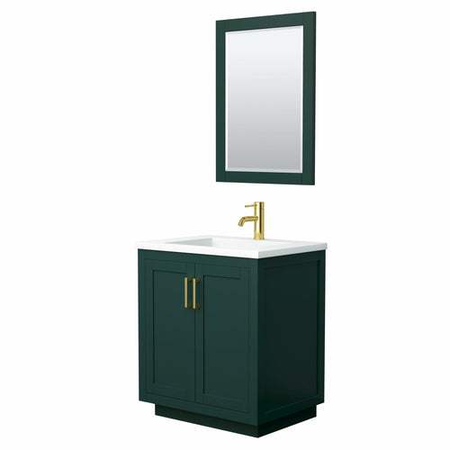 Wyndham Miranda 30 Inch Single Bathroom Vanity in Green, 1.25 Inch Thick Matte White Solid Surface Countertop, Integrated Sink, Brushed Gold Trim, 24 Inch Mirror- Wyndham