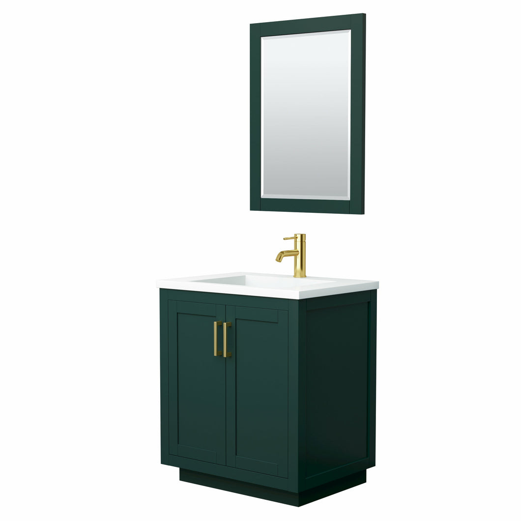 Wyndham Miranda 30 Inch Single Bathroom Vanity in Green, 1.25 Inch Thick Matte White Solid Surface Countertop, Integrated Sink, Brushed Gold Trim, 24 Inch Mirror- Wyndham