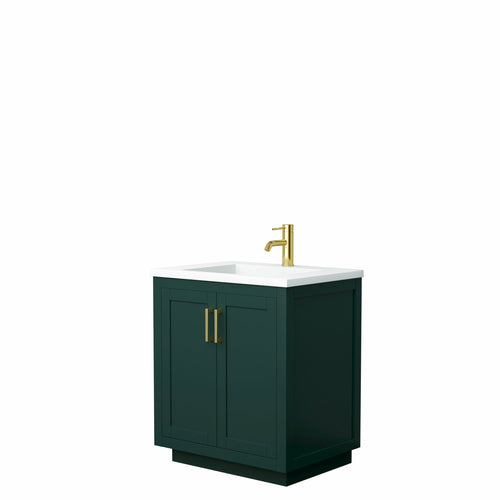 Wyndham Miranda 30 Inch Single Bathroom Vanity in Green, 1.25 Inch Thick Matte White Solid Surface Countertop, Integrated Sink, Brushed Gold Trim- Wyndham