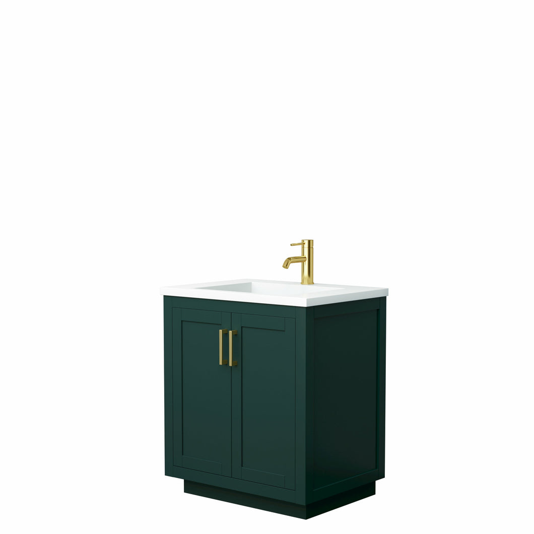 Wyndham Miranda 30 Inch Single Bathroom Vanity in Green, 1.25 Inch Thick Matte White Solid Surface Countertop, Integrated Sink, Brushed Gold Trim- Wyndham