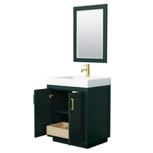 Load image into Gallery viewer, Wyndham Miranda 30 Inch Single Bathroom Vanity in Green, 4 Inch Thick Matte White Solid Surface Countertop, Integrated Sink, Brushed Gold Trim, 24 Inch Mirror- Wyndham
