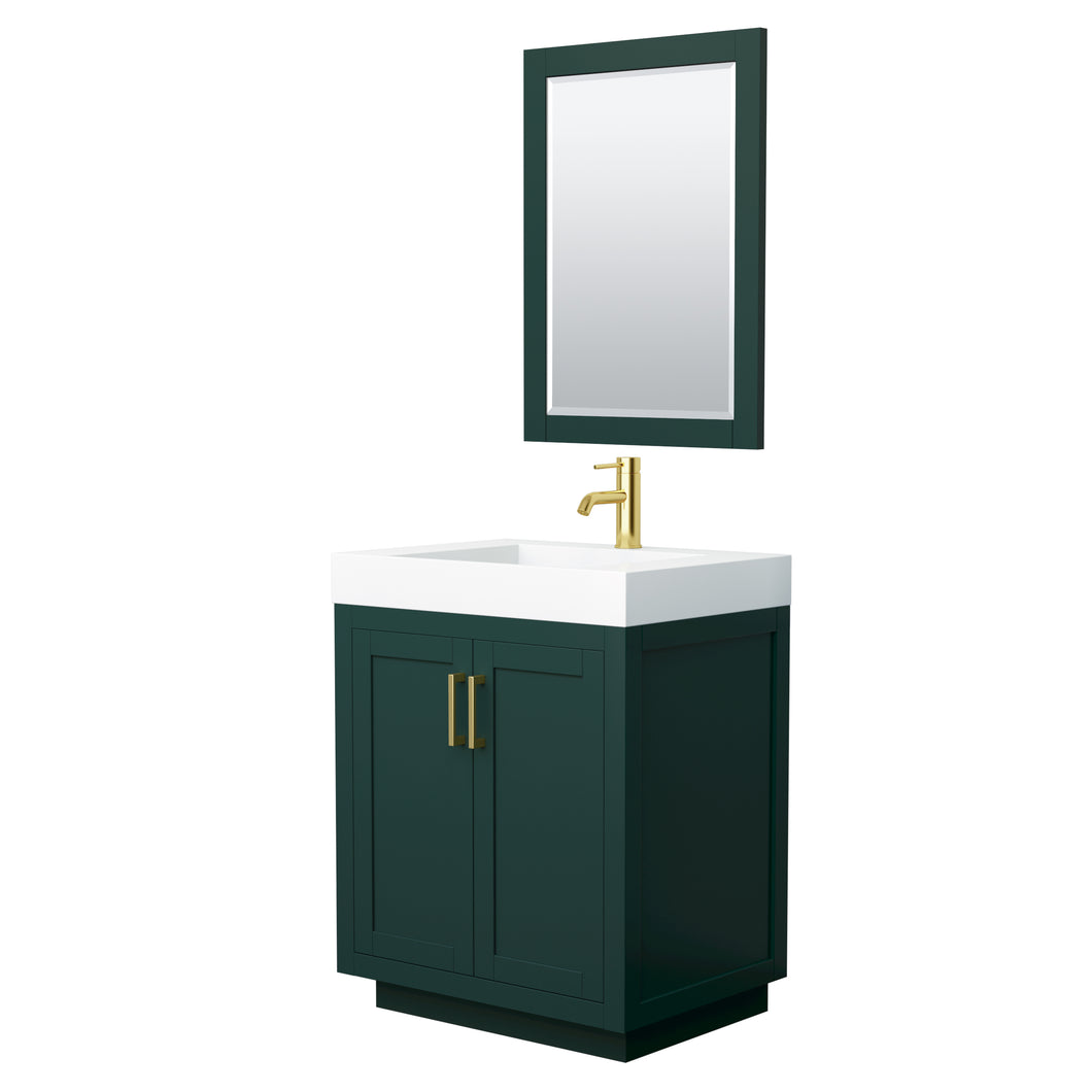 Wyndham Miranda 30 Inch Single Bathroom Vanity in Green, 4 Inch Thick Matte White Solid Surface Countertop, Integrated Sink, Brushed Gold Trim, 24 Inch Mirror- Wyndham