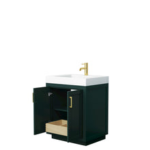 Load image into Gallery viewer, Wyndham Miranda 30 Inch Single Bathroom Vanity in Green, 4 Inch Thick Matte White Solid Surface Countertop, Integrated Sink, Brushed Gold Trim- Wyndham