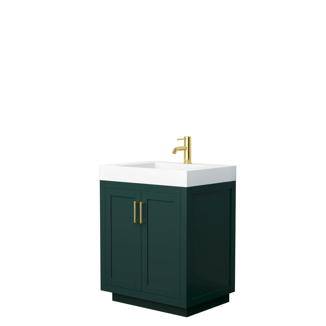 Wyndham Miranda 30 Inch Single Bathroom Vanity in Green, 4 Inch Thick Matte White Solid Surface Countertop, Integrated Sink, Brushed Gold Trim- Wyndham