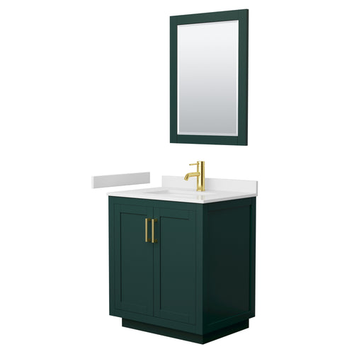 Wyndham Miranda 30 Inch Single Bathroom Vanity in Green, White Cultured Marble Countertop, Undermount Square Sink, Brushed Gold Trim, 24 Inch Mirror- Wyndham