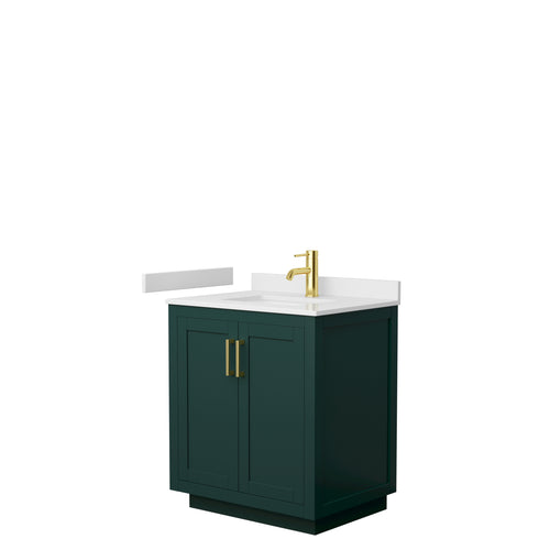 Wyndham Miranda 30 Inch Single Bathroom Vanity in Green, White Cultured Marble Countertop, Undermount Square Sink, Brushed Gold Trim- Wyndham