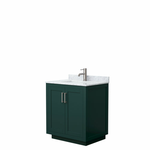 Wyndham Miranda 30 Inch Single Bathroom Vanity in Green, White Carrara Marble Countertop, Undermount Square Sink, Brushed Nickel Trim- Wyndham