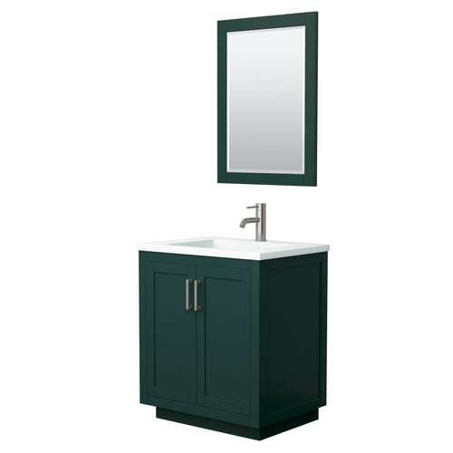 Wyndham Miranda 30 Inch Single Bathroom Vanity in Green, 1.25 Inch Thick Matte White Solid Surface Countertop, Integrated Sink, Brushed Nickel Trim, 24 Inch Mirror- Wyndham