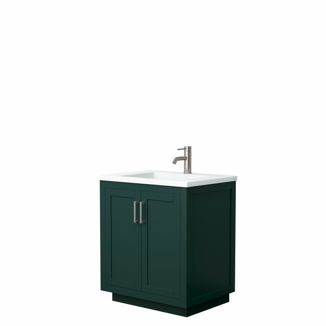 Wyndham Miranda 30 Inch Single Bathroom Vanity in Green, 1.25 Inch Thick Matte White Solid Surface Countertop, Integrated Sink, Brushed Nickel Trim- Wyndham