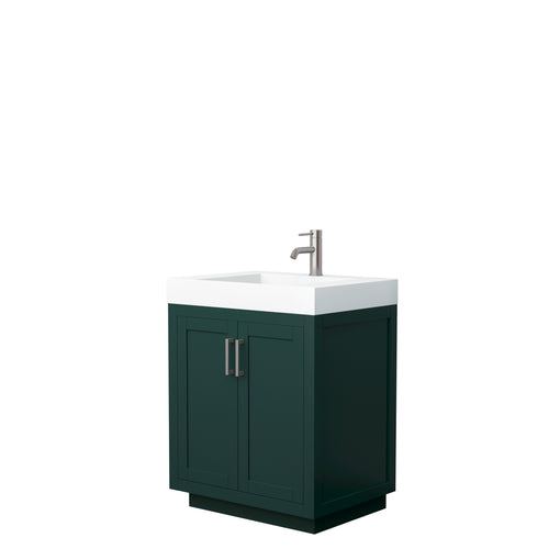 Wyndham Miranda 30 Inch Single Bathroom Vanity in Green, 4 Inch Thick Matte White Solid Surface Countertop, Integrated Sink, Brushed Nickel Trim- Wyndham