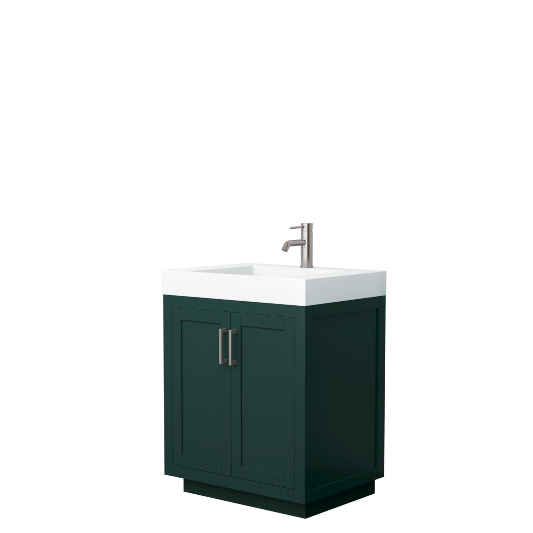 Wyndham Miranda 30 Inch Single Bathroom Vanity in Green, 4 Inch Thick Matte White Solid Surface Countertop, Integrated Sink, Brushed Nickel Trim- Wyndham