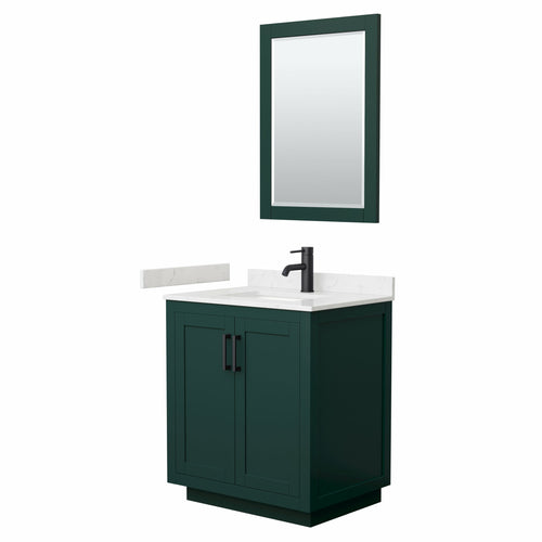 Wyndham Miranda 30 Inch Single Bathroom Vanity in Green, Light-Vein Carrara Cultured Marble Countertop, Undermount Square Sink, Matte Black Trim, 24 Inch Mirror- Wyndham