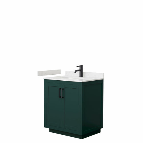 Wyndham Miranda 30 Inch Single Bathroom Vanity in Green, Light-Vein Carrara Cultured Marble Countertop, Undermount Square Sink, Matte Black Trim- Wyndham