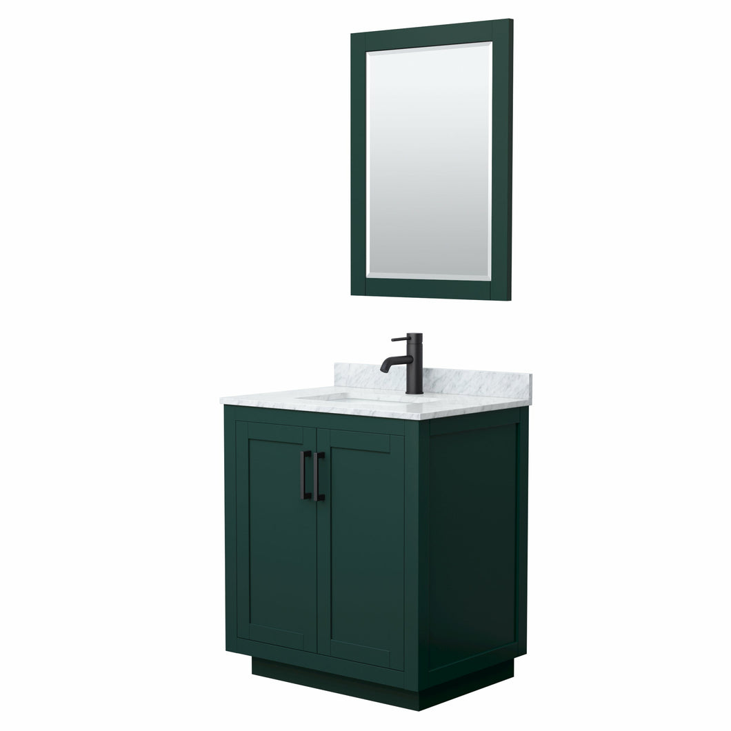 Wyndham Miranda 30 Inch Single Bathroom Vanity in Green, White Carrara Marble Countertop, Undermount Square Sink, Matte Black Trim, 24 Inch Mirror- Wyndham