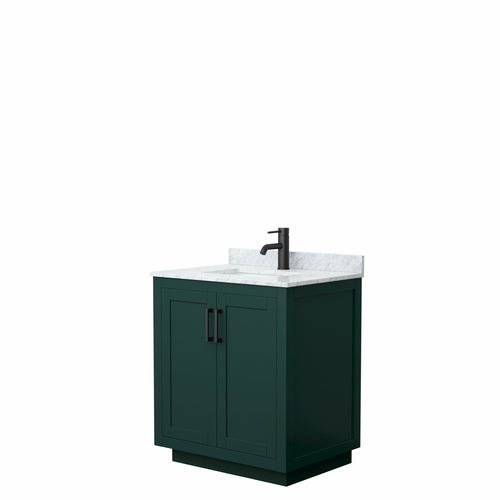 Wyndham Miranda 30 Inch Single Bathroom Vanity in Green, White Carrara Marble Countertop, Undermount Square Sink, Matte Black Trim- Wyndham