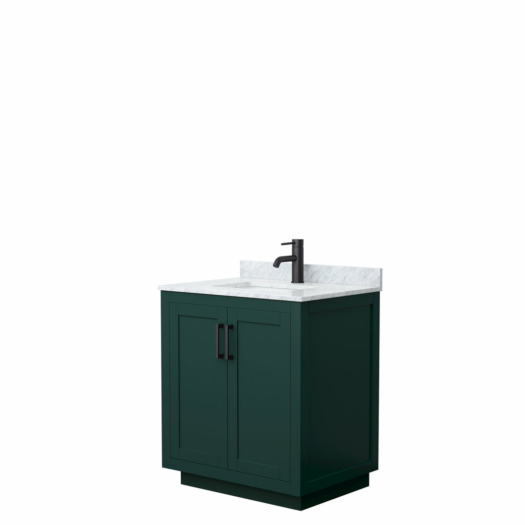 Wyndham Miranda 30 Inch Single Bathroom Vanity in Green, White Carrara Marble Countertop, Undermount Square Sink, Matte Black Trim- Wyndham