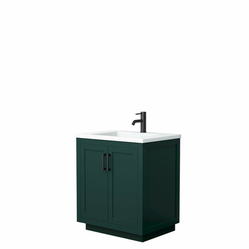 Wyndham Miranda 30 Inch Single Bathroom Vanity in Green, 1.25 Inch Thick Matte White Solid Surface Countertop, Integrated Sink, Matte Black Trim- Wyndham