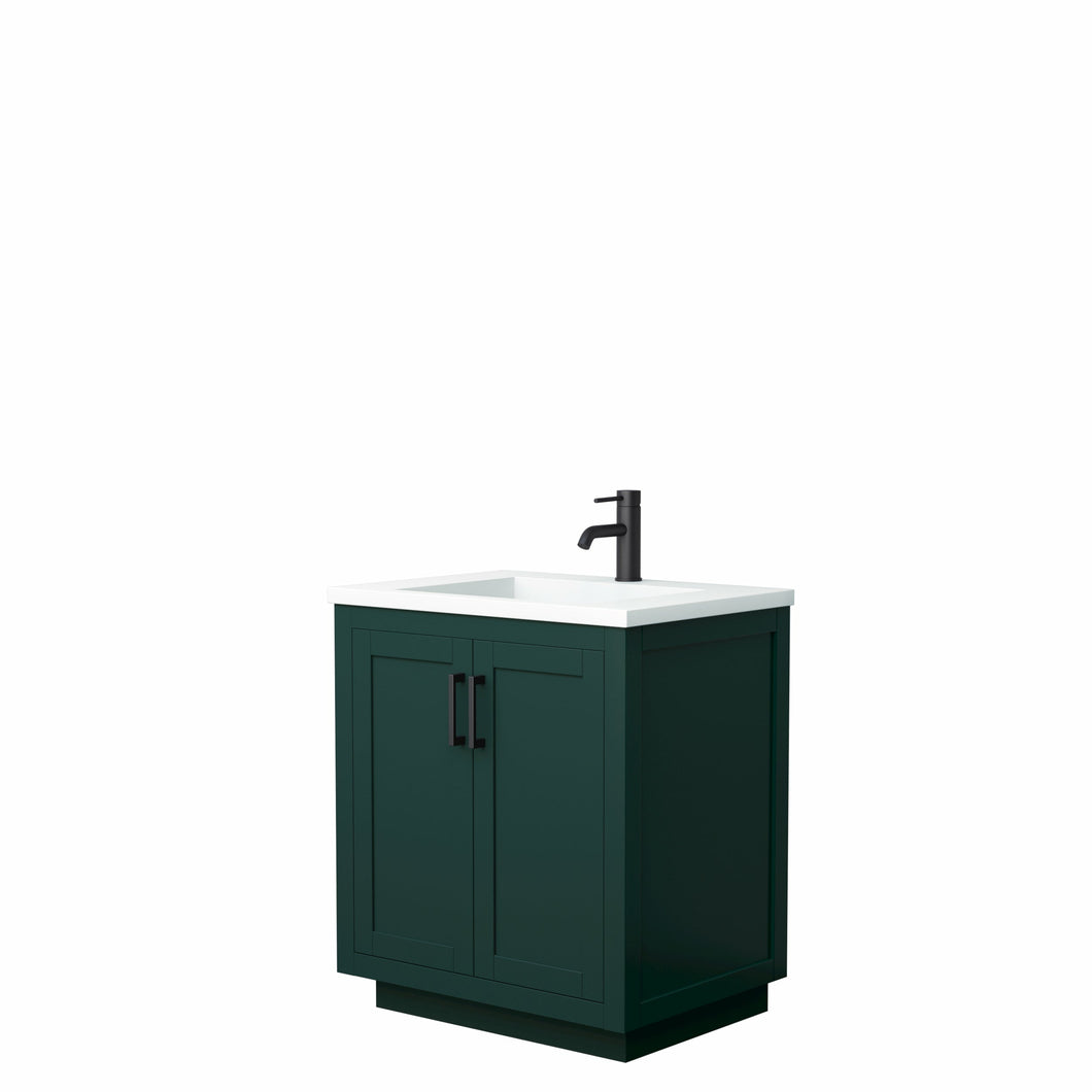 Wyndham Miranda 30 Inch Single Bathroom Vanity in Green, 1.25 Inch Thick Matte White Solid Surface Countertop, Integrated Sink, Matte Black Trim- Wyndham