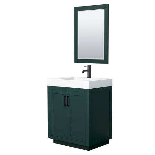 Wyndham Miranda 30 Inch Single Bathroom Vanity in Green, 4 Inch Thick Matte White Solid Surface Countertop, Integrated Sink, Matte Black Trim, 24 Inch Mirror- Wyndham