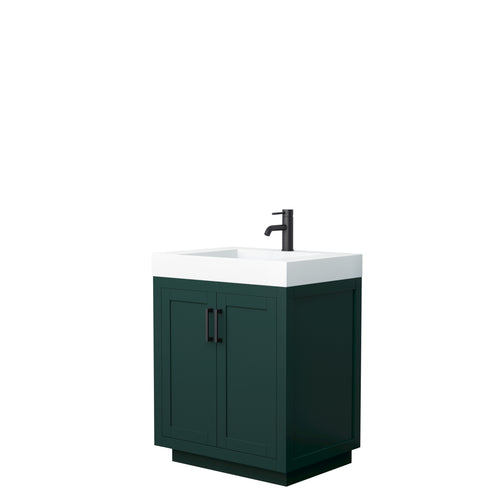 Wyndham Miranda 30 Inch Single Bathroom Vanity in Green, 4 Inch Thick Matte White Solid Surface Countertop, Integrated Sink, Matte Black Trim- Wyndham