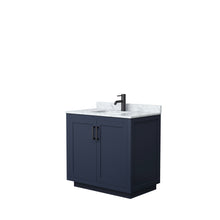 Load image into Gallery viewer, Wyndham Miranda 36 Inch Single Bathroom Vanity in Dark Blue, White Carrara Marble Countertop, Undermount Square Sink, Matte Black Trim- Wyndham