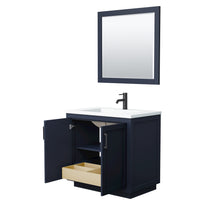 Load image into Gallery viewer, Wyndham Miranda 36 Inch Single Bathroom Vanity in Dark Blue, 1.25 Inch Thick Matte White Solid Surface Countertop, Integrated Sink, Matte Black Trim, 34 Inch Mirror- Wyndham