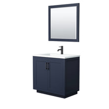 Load image into Gallery viewer, Wyndham Miranda 36 Inch Single Bathroom Vanity in Dark Blue, 1.25 Inch Thick Matte White Solid Surface Countertop, Integrated Sink, Matte Black Trim, 34 Inch Mirror- Wyndham
