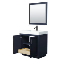 Load image into Gallery viewer, Wyndham Miranda 36 Inch Single Bathroom Vanity in Dark Blue, 4 Inch Thick Matte White Solid Surface Countertop, Integrated Sink, Matte Black Trim, 34 Inch Mirror- Wyndham